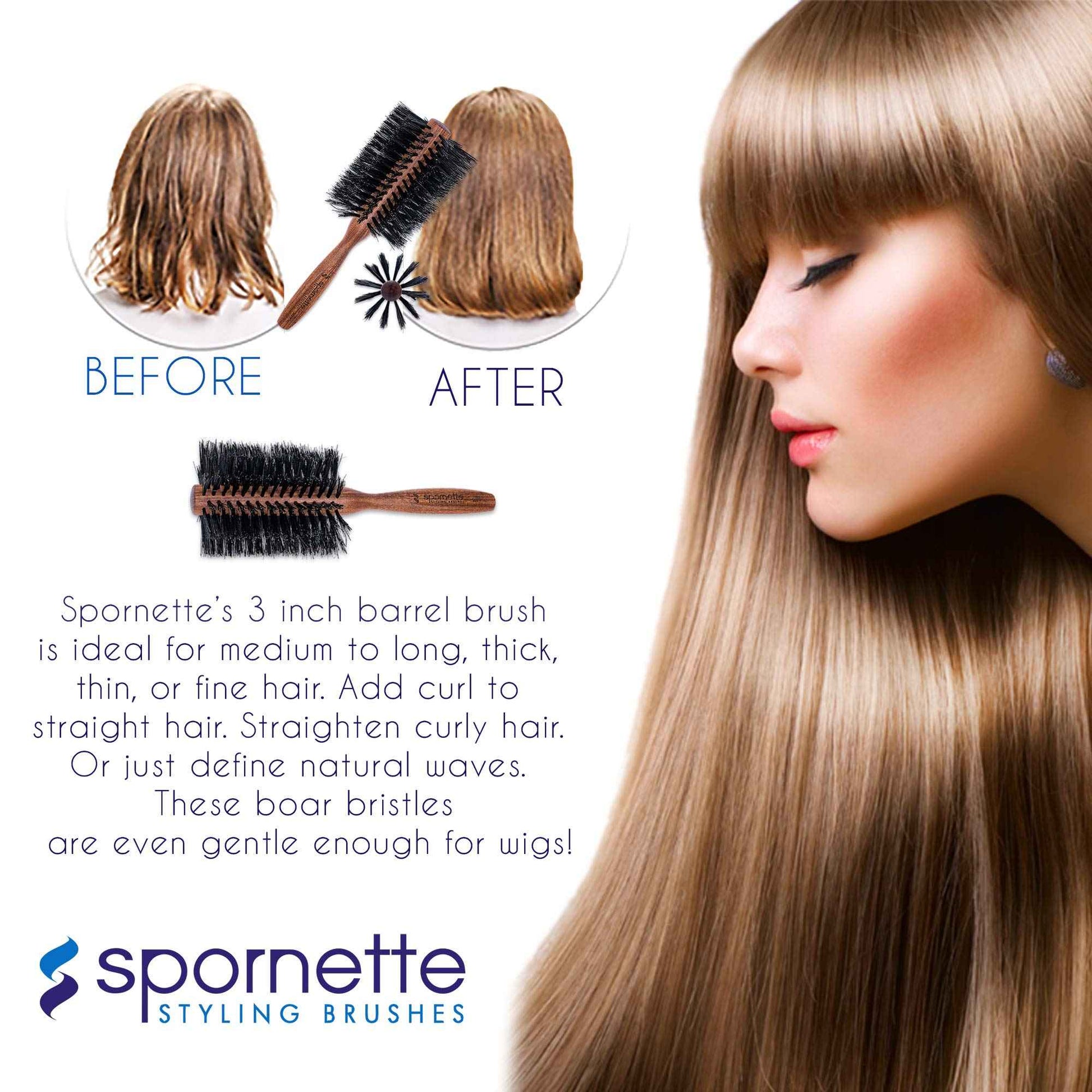 Spornette Italian Rounder Boar Bristle Round Hair Brush for Women & Men - Large Round Brush for Blow Drying, Styling & Volumizing - Wooden Brush for Medium to Long Thick, Fine, Curly or Straight Hair