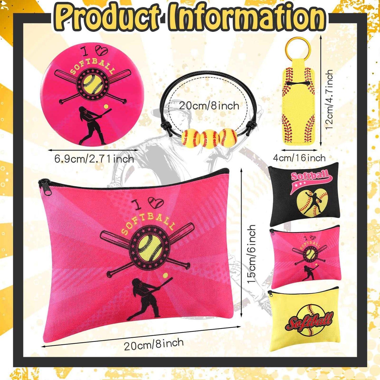 Yeyeplum 60 Pcs Softball Team Gifts for Girls Include 12 Softball Makeup Bags 12 Lip Balm 12 Makeup Mirrors 12 Lipstick Holder Keychains 12 Adjustable Bracelet for Sports Lovers