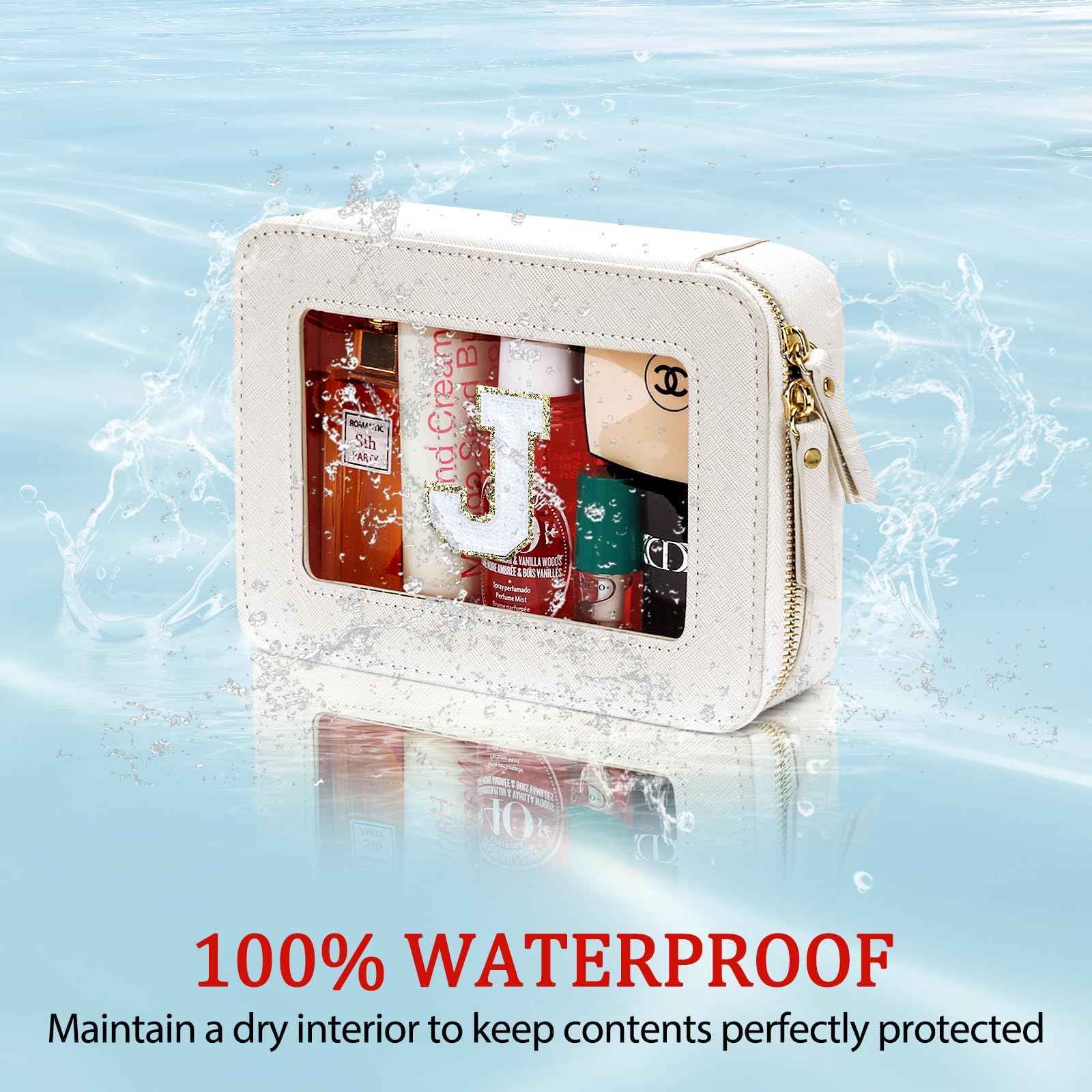 CLOUDWINGS Initial Travel Toiletry Bag - Cosmetic Bags for Girls with Zipper, Clear & Potable Makeup Bag for Travel, Cosmetic Pouch Perfect Gifts for Graduation (Beige, J)