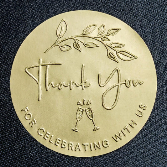 100 x Embossed Wedding Stickers Thank You For Celebrating With Us Favor Tags Party Favor Labels Gold Foil Embossed Round Sticker Tags Metallic Foil Wedding Decor