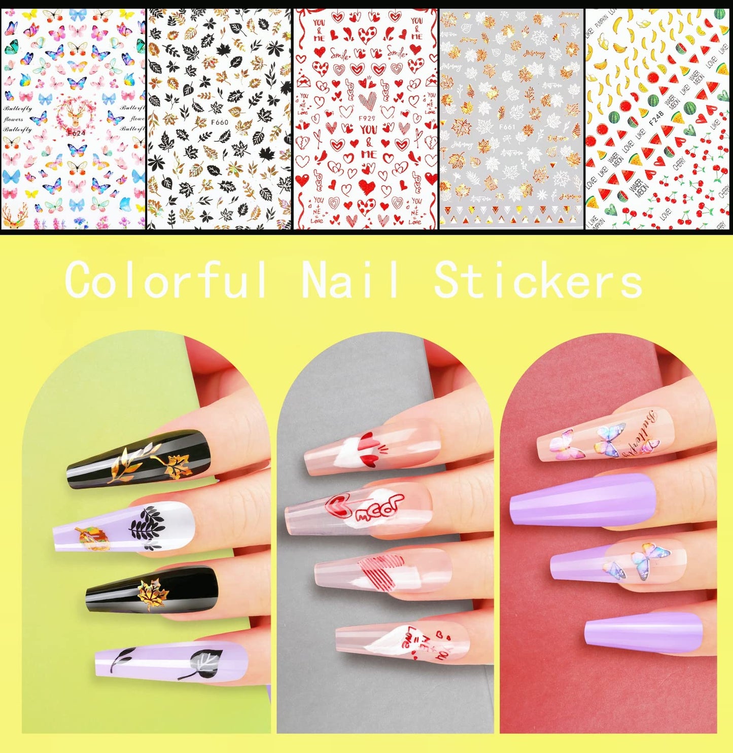 Teenitor 12 Sheets Nail Art Sticker Self-Adhesive, Flower Nail Stickers 5D Embossed Nail Decals, 5 Boxes Nail Art Glitter Sequins Flakes, Nail Art Design Tools Self Adhesive Nail Art Supplies