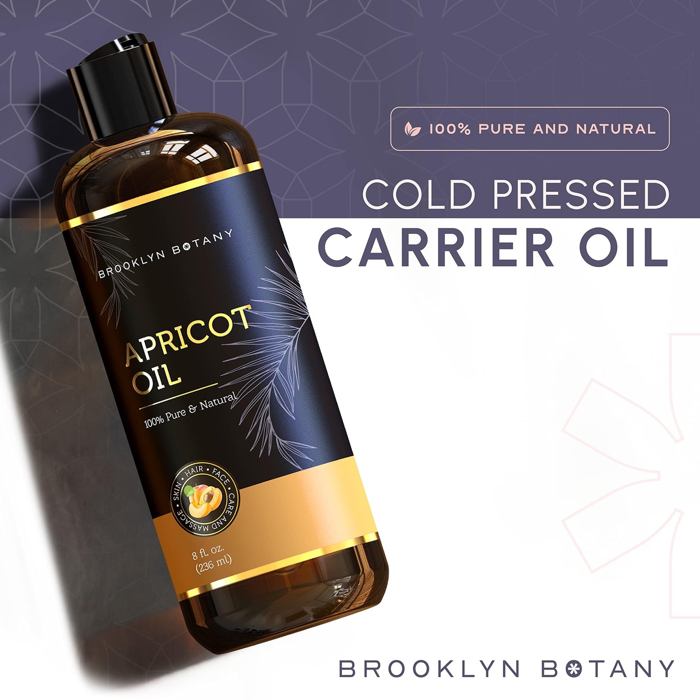 Brooklyn Botany Apricot Kernel Oil for Skin, Hair and Face – 100% Pure and Natural Body Oil and Hair Oil - Carrier Oil for Essential Oils, Aromatherapy and Massage Oil – 8.1 fl Oz