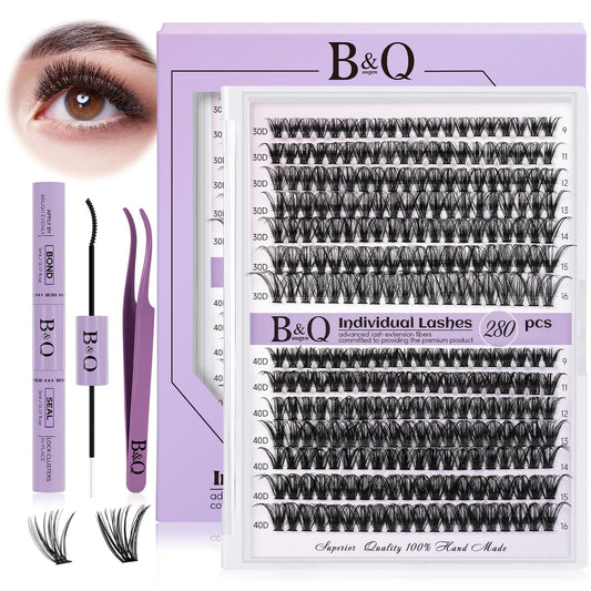 DIY Lash Extension Kit 280pcs Individual Lashes Cluster B&Q D Curl Eyelash Extension Kit Lash Clusters with Lash Bond and Seal and Lash Applicator Tool (KIT,30D40D-0.07D-9-16MIX)