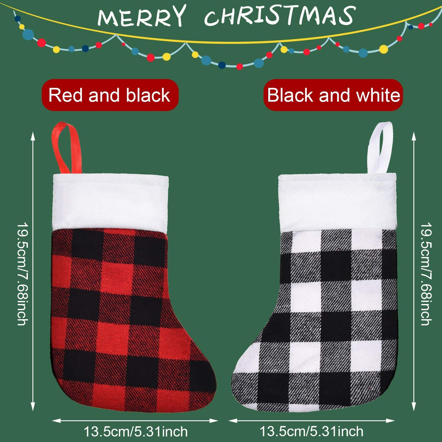 Skylety 24 Pcs Christmas Stockings in Bulk Plush Cuff Small Xmas Buffalo Plaid Stocking Rustic Fireplace Socks Traditional Stockings for Christmas Holiday Party Decor (Red Black, Black White,Plaid)