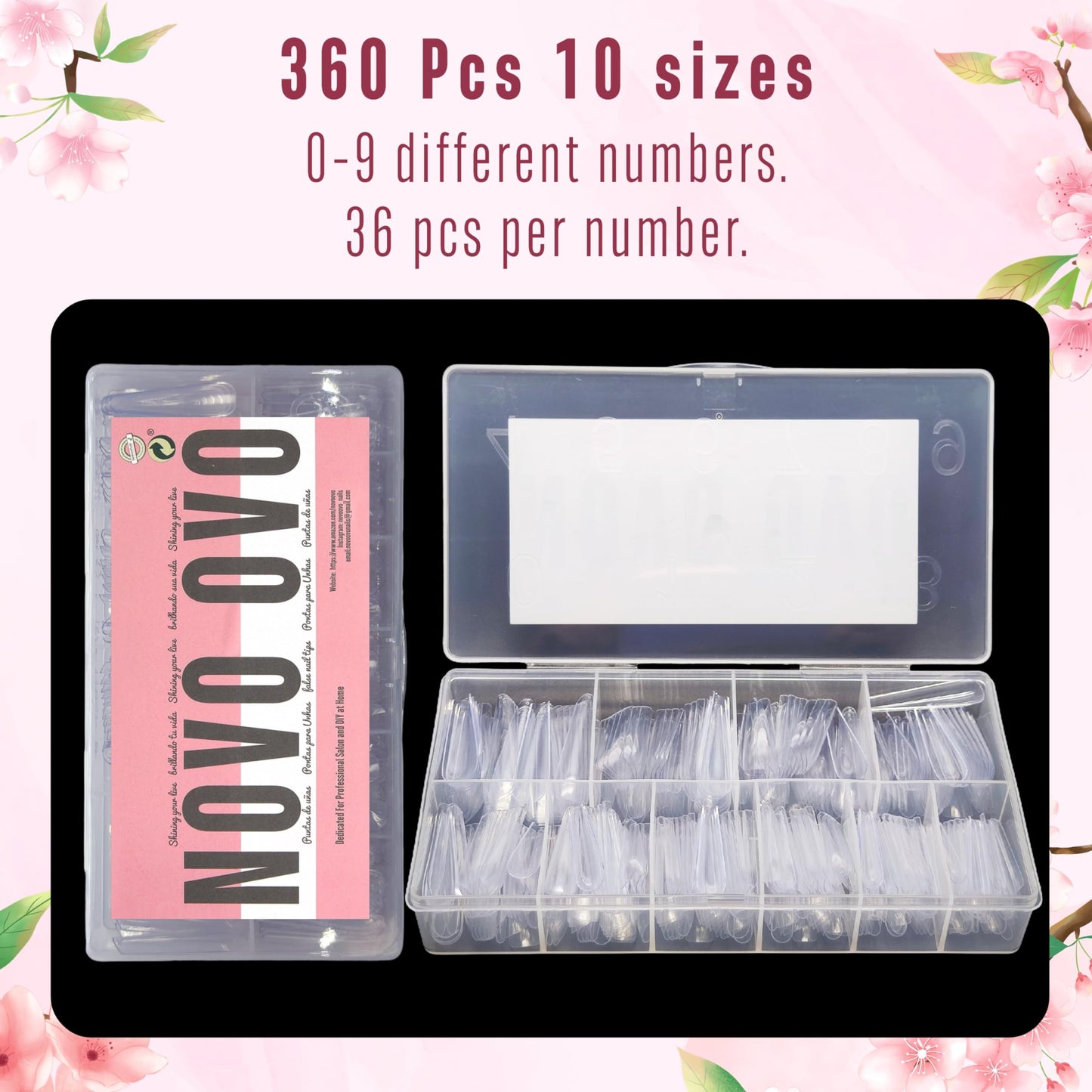 NOVO OVO Nail Tips Russian Almond Coffin Ballerina, Soft Gel x Acrylic Full Cover Nail Kit for Russia 3D Sculptured Edge Fake Nails Manicure, Extra Long XL XXL French tip Press on 10 sizes 360pcs