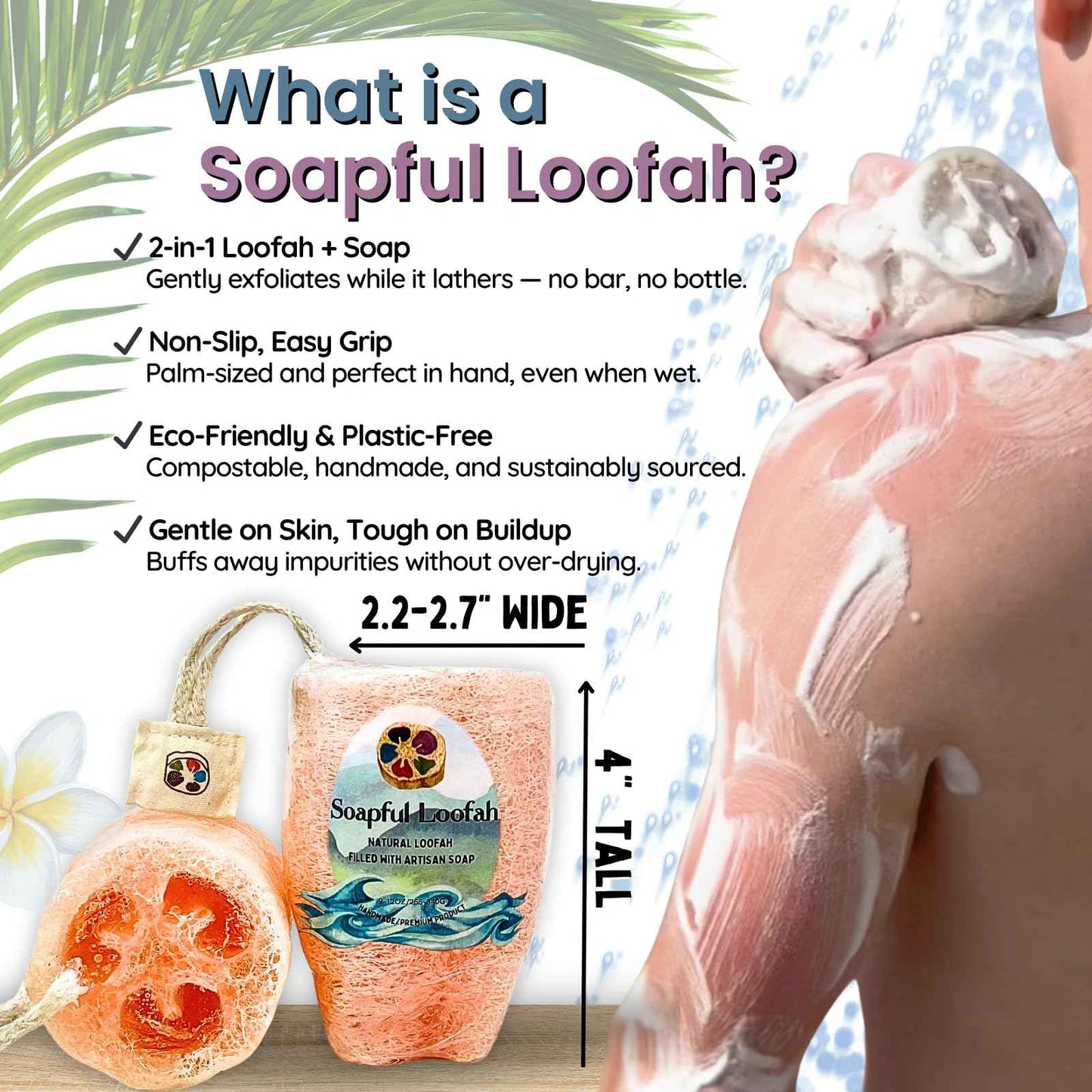 Soap Bar Loofah| Natural Loofah Sponge | Loofah Exfoliating Body Scrubber | 9-12 0z of Plumeria Scented Artisanal Handmade Natural loofah soap in a Disposable Shower Loofah