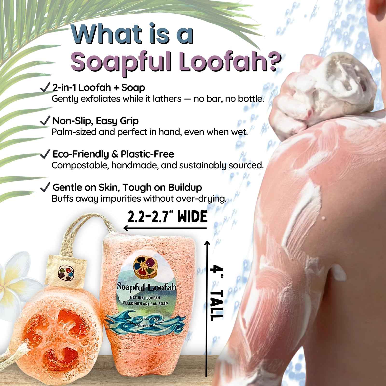 Soap Bar Loofah| Natural Loofah Sponge | Loofah Exfoliating Body Scrubber | 9-12 0z of Plumeria Scented Artisanal Handmade Natural loofah soap in a Disposable Shower Loofah