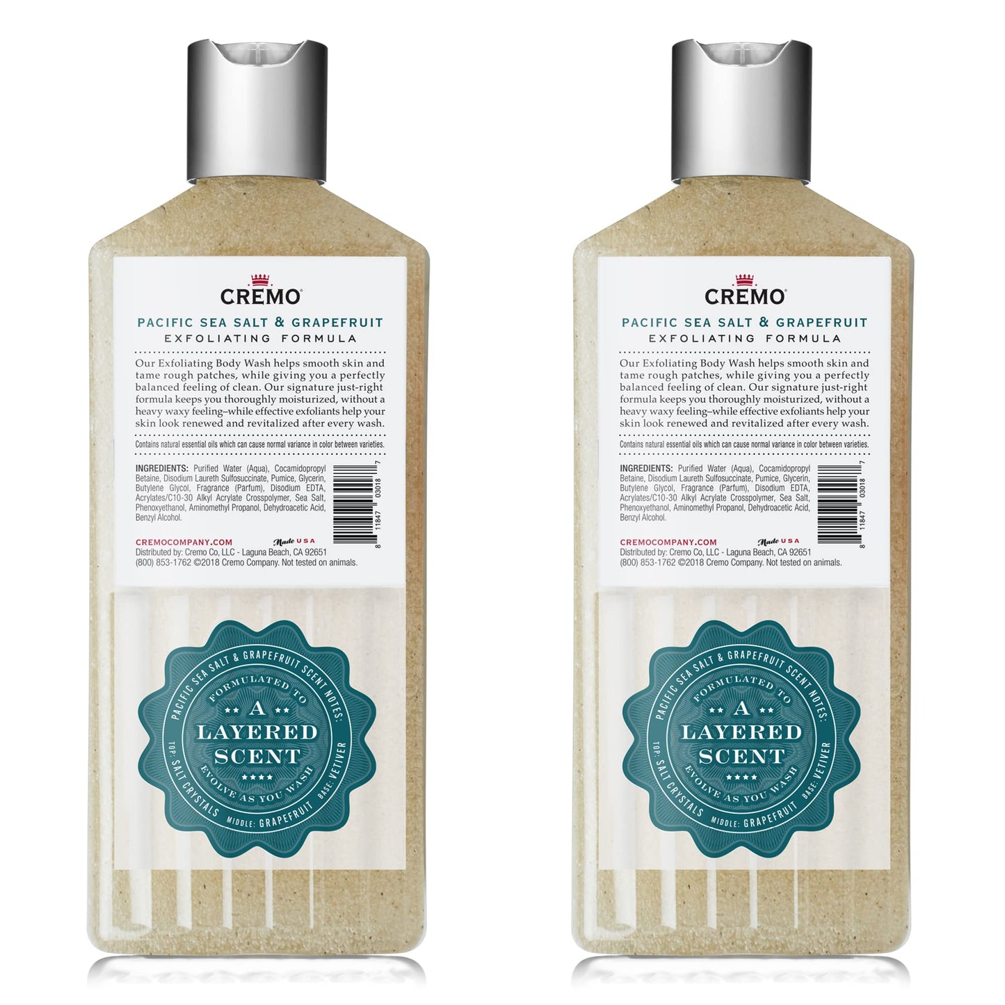 Cremo Exfoliating Pacific Sea Salt & Grapefruit Body Wash, A Refreshing Scent with Notes of Fresh Mint, Citron, Cedar and Moss, 16 Fl Oz (2-Pack)