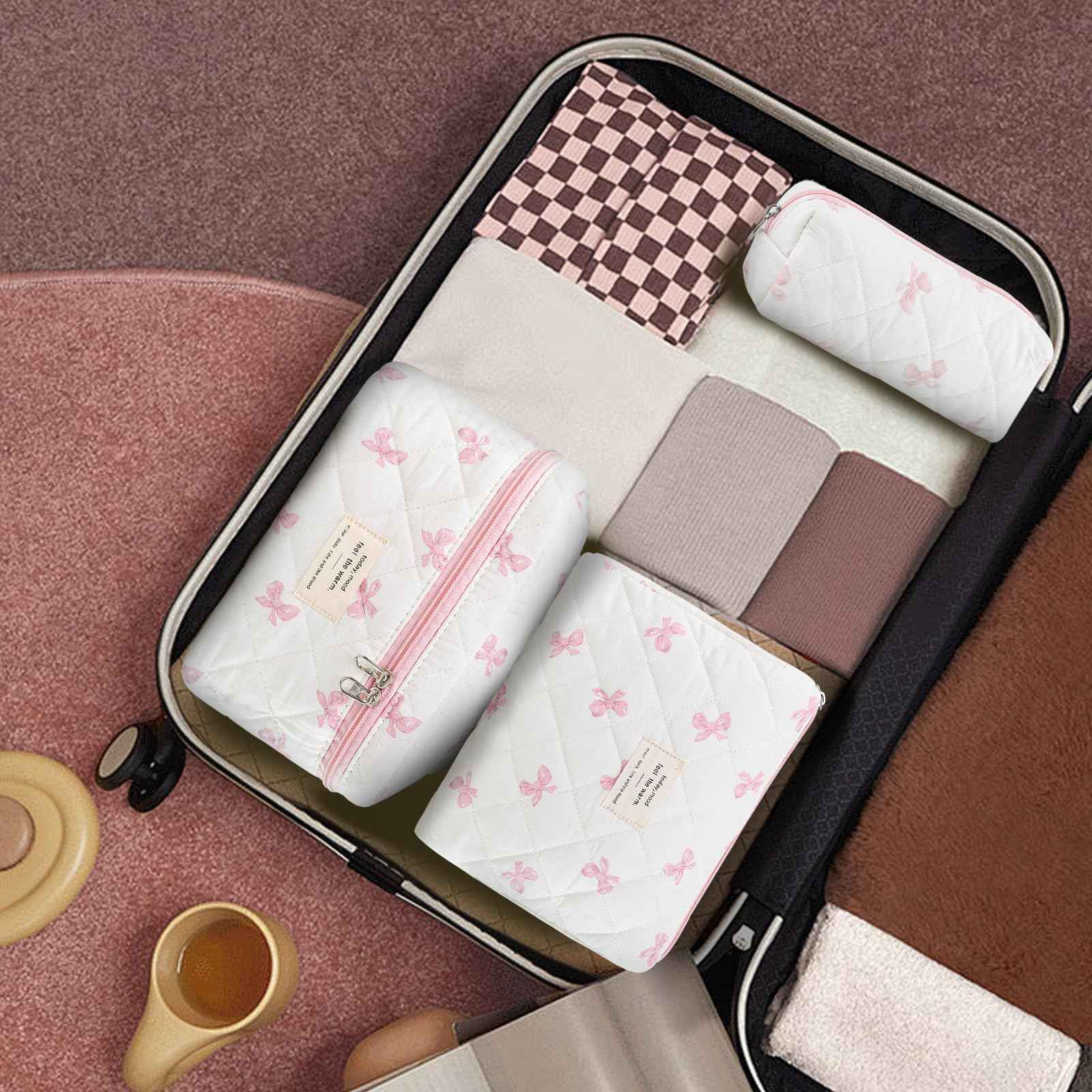 GISMTR 3Pcs Makeup Bag Cotton Quilted Travel Cosmetic Bag Cute Floral Makeup Pouch Large Toiletry Bag for Women Girls (Bow-Pink)