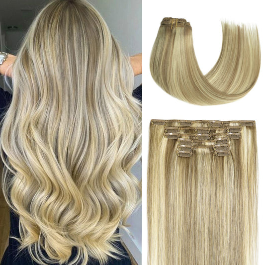 Honsoo Blonde Hair Extensions Clip In Balayage Hair Extensions Real Human Hair Mixed Bleach Blonde 15inch 70g 7pcs Real Human Hair Straight Silky Blonde For Women Natural Hair