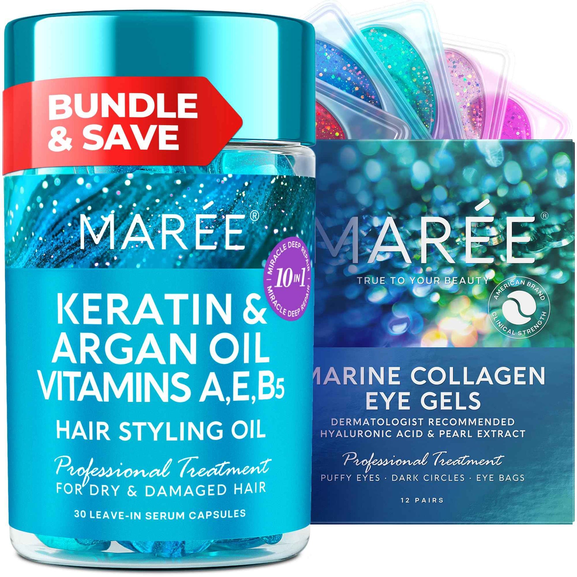 MAREE Beauty Essentials Duo - Keratin Hair Capsules and Eye Gels for Glowing Vibrant Look - Ultimate Skin & Hair Care Package