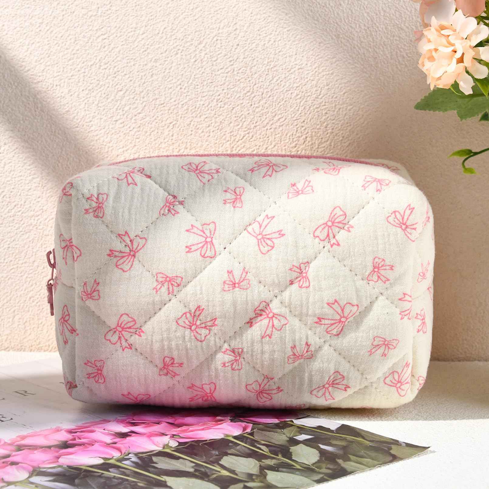 SOIDRAM Floral Makeup Bag Small Quilted Cosmetic Bag Cute Makeup Pouch Coquette Makeup Bag Aesthetic Travel toiletry bag Organizer Cotton Makeup Brushes Storage Bag for Women (Coquette Bow -S)