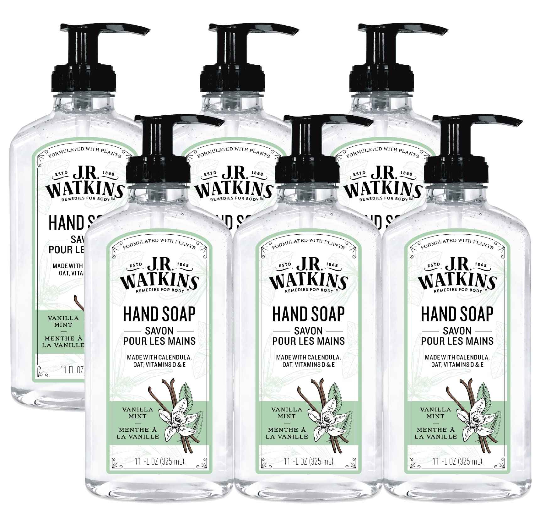 J.R. Watkins Gel Hand Soap, Scented Liquid Hand Wash for Bathroom or Kitchen, USA Made and Cruelty Free, 11 fl oz, Vanilla Mint, 6 Pack