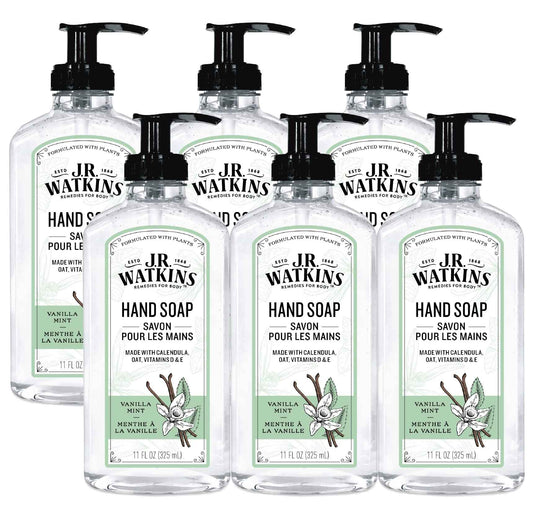 J.R. Watkins Gel Hand Soap, Scented Liquid Hand Wash for Bathroom or Kitchen, USA Made and Cruelty Free, 11 fl oz, Vanilla Mint, 6 Pack