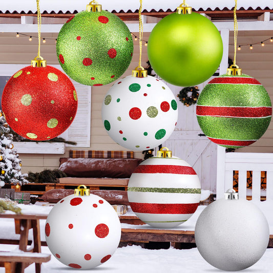 8 Pack Large Christmas Ball Ornaments 6 Inch Jumbo Glitter Hanging Ball Red/Green/White Candy Plastic Giant Oversizded Christmas Ornament for Indoor Outdoor Party Xmas Tree Decor(Bright)