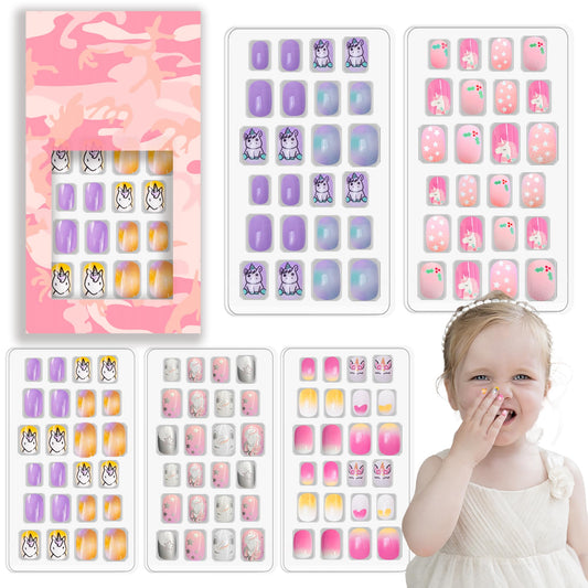 MUACHCHA 120 Pcs 5 Pack Children Acrylic False Nails Press on Nails Pre-glue Full Cover Glitter Fake Nail Tips Stick Cute Cartoon Short Artificial Fingernails Kits for Little Girls Kids Lovely Art