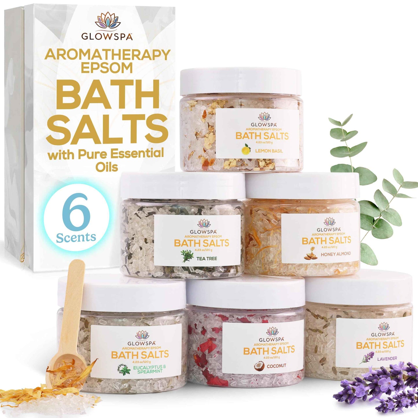 Bath Salts Gift Set for Women – Pack of 6 Scents: Lavender, Rose, Chamomile, Eucalyptus, Coconut, Orange – Epsom Salt Gift Set, Bath Crystals for Women Relaxing, Self Care Gift for Mom
