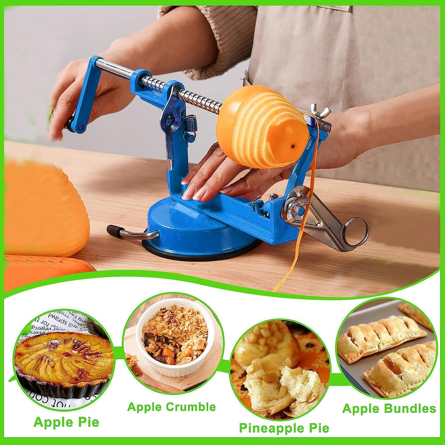 Apple Peeler Corer, Long lasting Chrome Cast Magnesium Alloy Apple Peeler Slicer Corer with Stainless Steel Blades and Powerful Suction Base for Apples and Potato(Lake Blue)