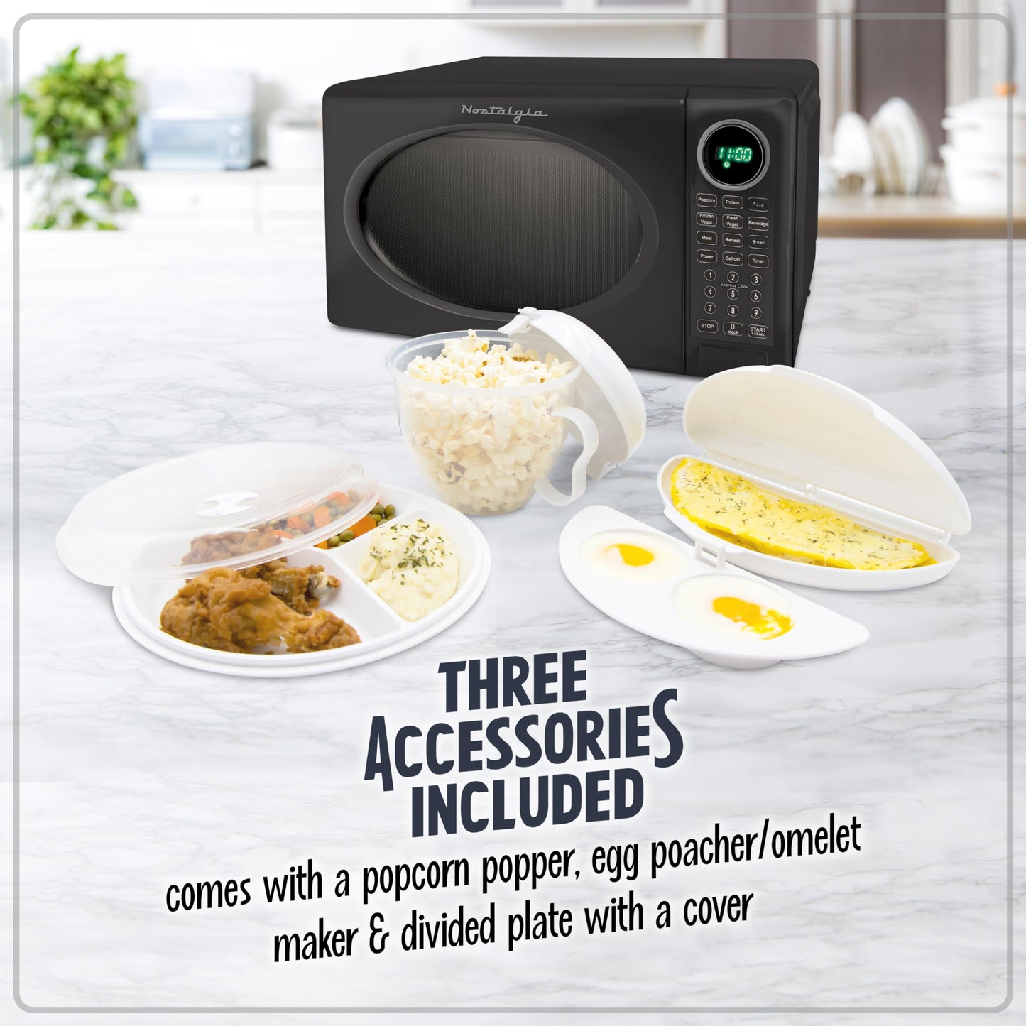 Nostalgia Modern Retro Countertop Microwave Oven - 700-Watt - 0.7 cu ft - Retro Microwave and Accessory Bundle with Popcorn Popper, Egg Poacher / Omelet Cooker, and Divided Plate with Cover - Black