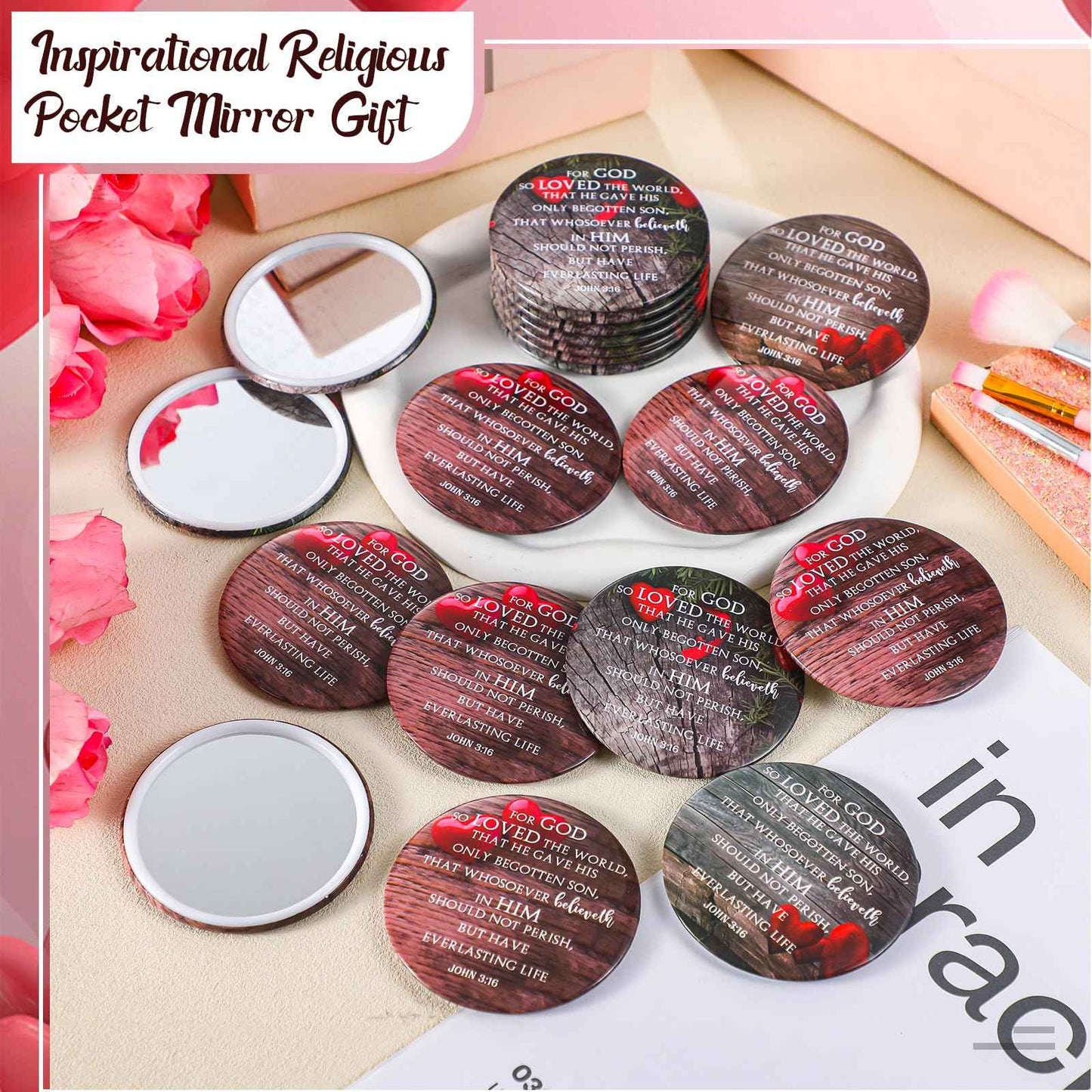 Geetery 30 Pcs Mothers Day Christian Gifts for Women Bulk Compact Mirrors Religious Makeup Mirrors Portable Purse Bible Verse Gifts for International Womens Day Gifts Church