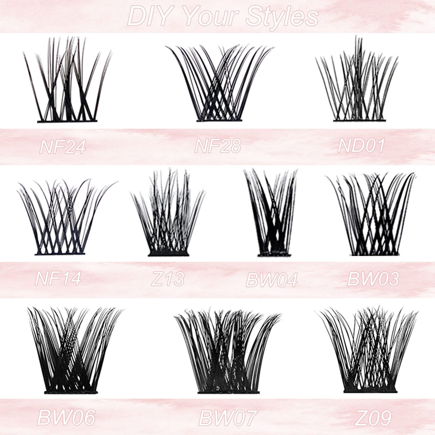 Clear Band Lashes Clusters DIY Eyelash Extension Ninglash C Curl BW03 Lashes, 96 Pcs Individual Lash Extensions, Soft Natural Lightweight 10/12/14/16mm Mix Resuale Eyelash Cluster Lashes for Home use