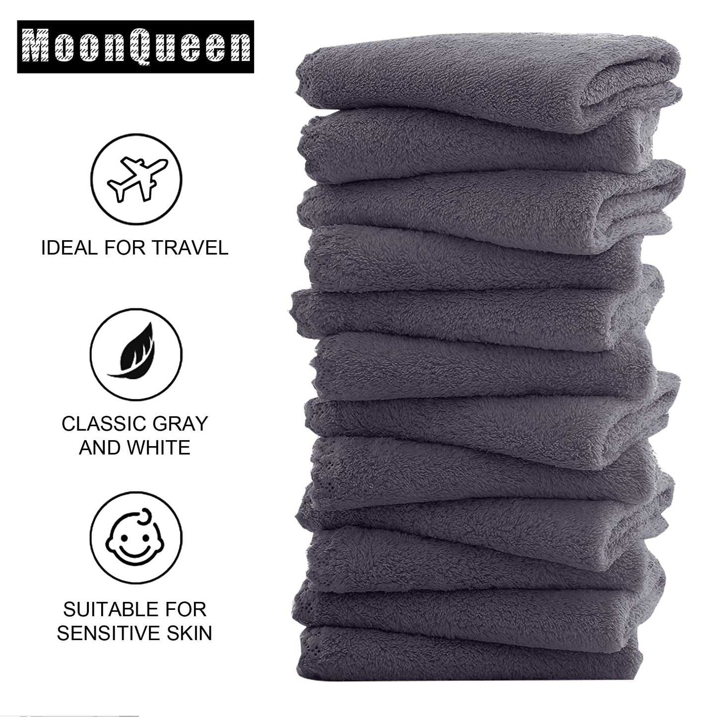 MOONQUEEN Microfiber Facial Cloths Fast Drying Washcloth 12 Pack - Premium Soft Makeup Remover Cloths - Grey