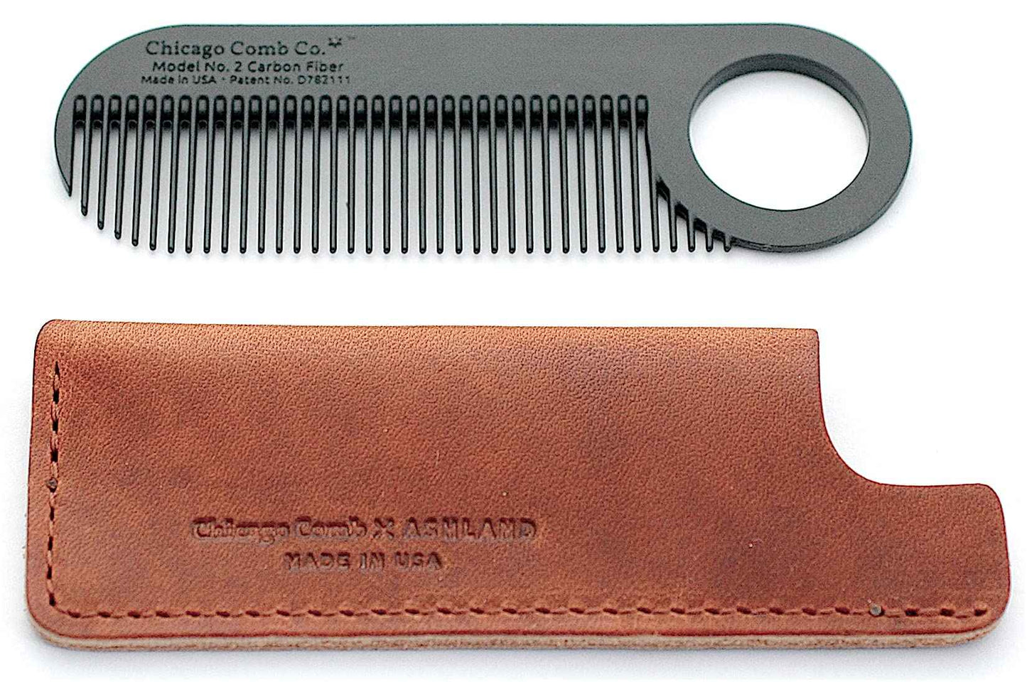 Chicago Comb No. 2 Carbon Fiber + Tan Horween leather sheath, Made in USA