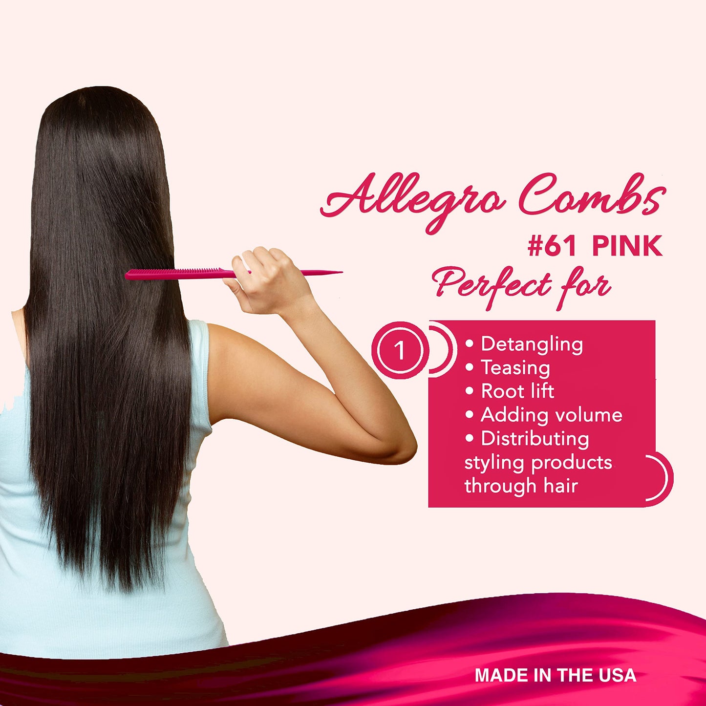 Allegro Combs 61 XL Rat Tail Combs Wide Tooth Comb Detangling Hair Styling Coarse Hair Foiling Thick Back Parting Combs Hairstylist Combs For Women Made In USA 3 Pc. (Pink)