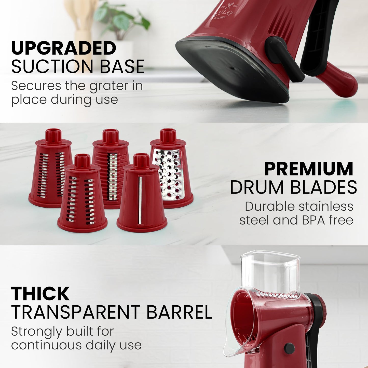 Zulay Rotary Cheese Grater 5 Blade Cheese Shredder - Manual Hand Crank Cheese Grater With Reinforced Suction & 5 Interchangeable Drums - Easy to Use Vegetable Chopper - Deep Maroon