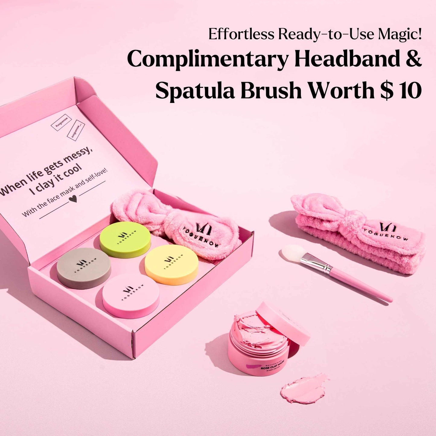 Clay Mask Gift Pack of 4 Jars (400g), Cute Headband & Brush | Clay Face Mask | Turmeric Vitamin C, Green Tea, Rose, Dead Sea Mud | Clay Mask For Face | Christmas Gifts for Women, Gifts for Women