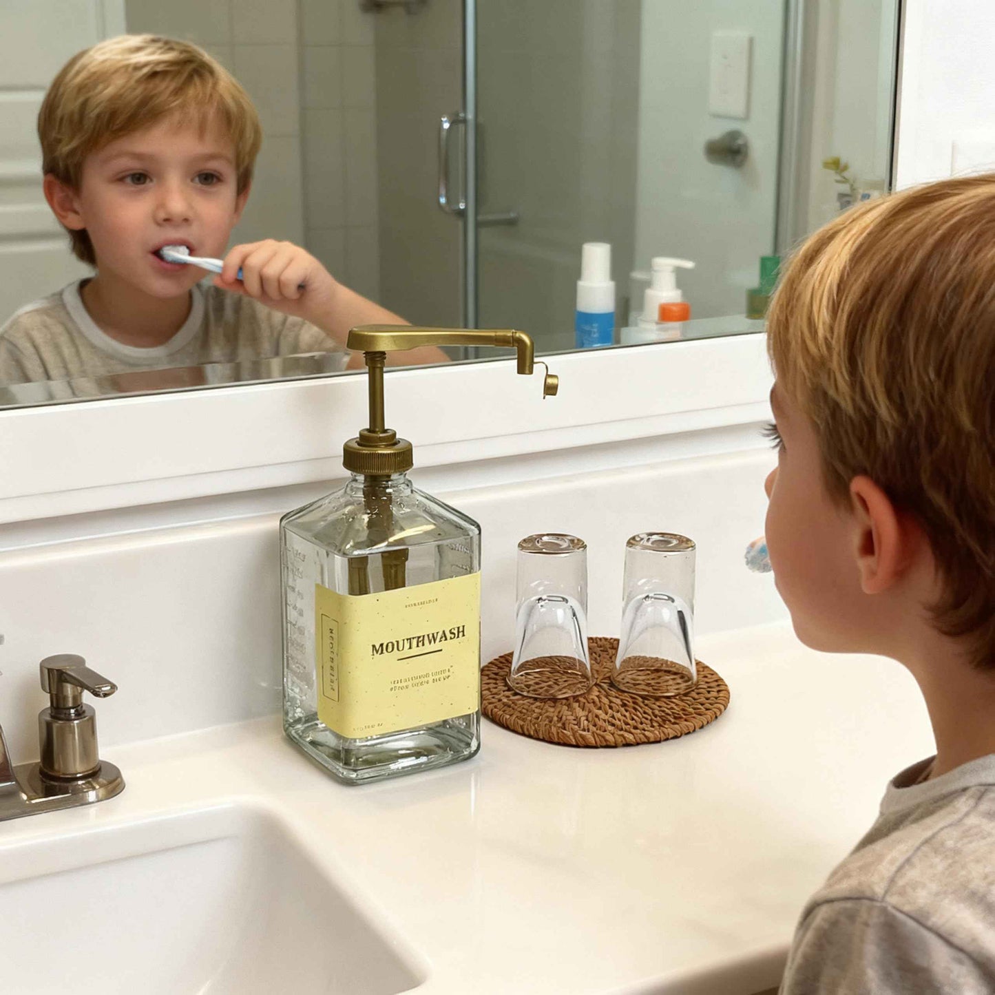 eBun Goldengleam Glass Mouthwash Dispenser (Gold Plastic Pump) 37oz Mouthwash Pump Dispenser, Mouth Wash Holder with Rinse Cup, Mouth Wash Glass Bottle, Decanter, Large Bottle for Bathroom Set