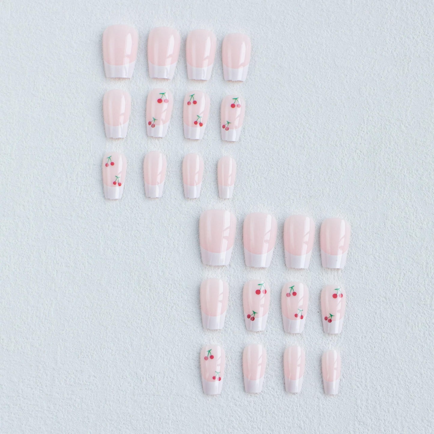 MERVF Coffin Press on Nails Medium Fake Nails Press ons White French Tip Glue on Nails with Cherry Design Cute Ballerina Acrylic False Nails Glossy 24pcs