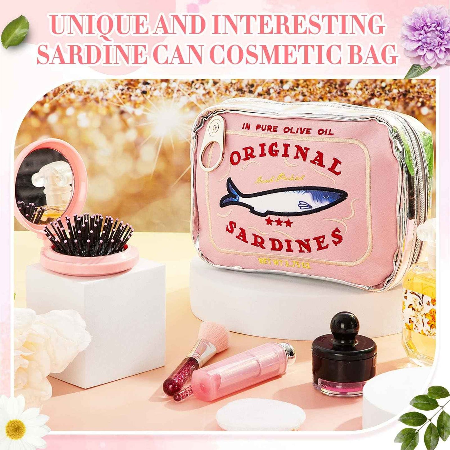 Reginary 2 Pcs Pink Canned Sardines Makeup Bag and Mini Hair Brush with Mirror Cute Cosmetic Bag Folding Hair Brush Kawaii Pencil Case Pouch Portable Travel Toiletry Bag Funny Waterproof for Women
