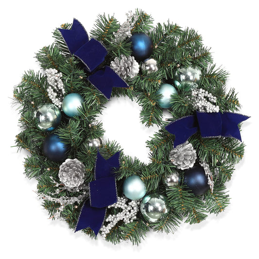 LinTimes Christmas Wreaths, 18 Inch Christmas Wreath for Front Door with 15 LED Lights, Pre-lit Christmas Decoration with Blue Bows Silver Leaves Ball Ornaments for Christmas Wall Window Decor