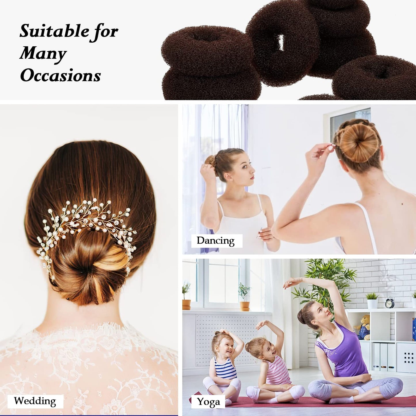 Hair Bun Maker Set 6 PCS - Ring Style Hair Bun Donut (1 L, 2 M and 3 S) with 20 Hair Bobby, Pins 5 Elastic Bands and 4 Pony Hair Tools for Long Hair (Dark Brown)