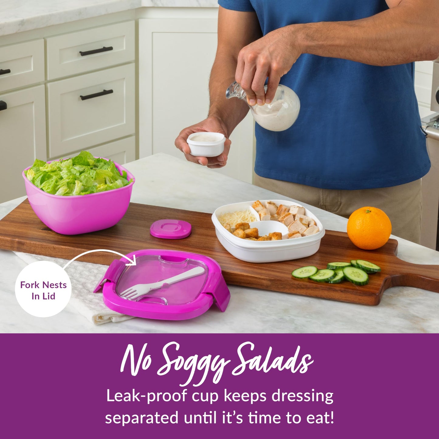 Bentgo All-in-One Salad Container - Large Salad Bowl, Bento Box Tray, Leak-Proof Sauce Container, Airtight Lid, & Fork for Healthy Adult Lunches; BPA-Free & Dishwasher/Microwave Safe (Purple)