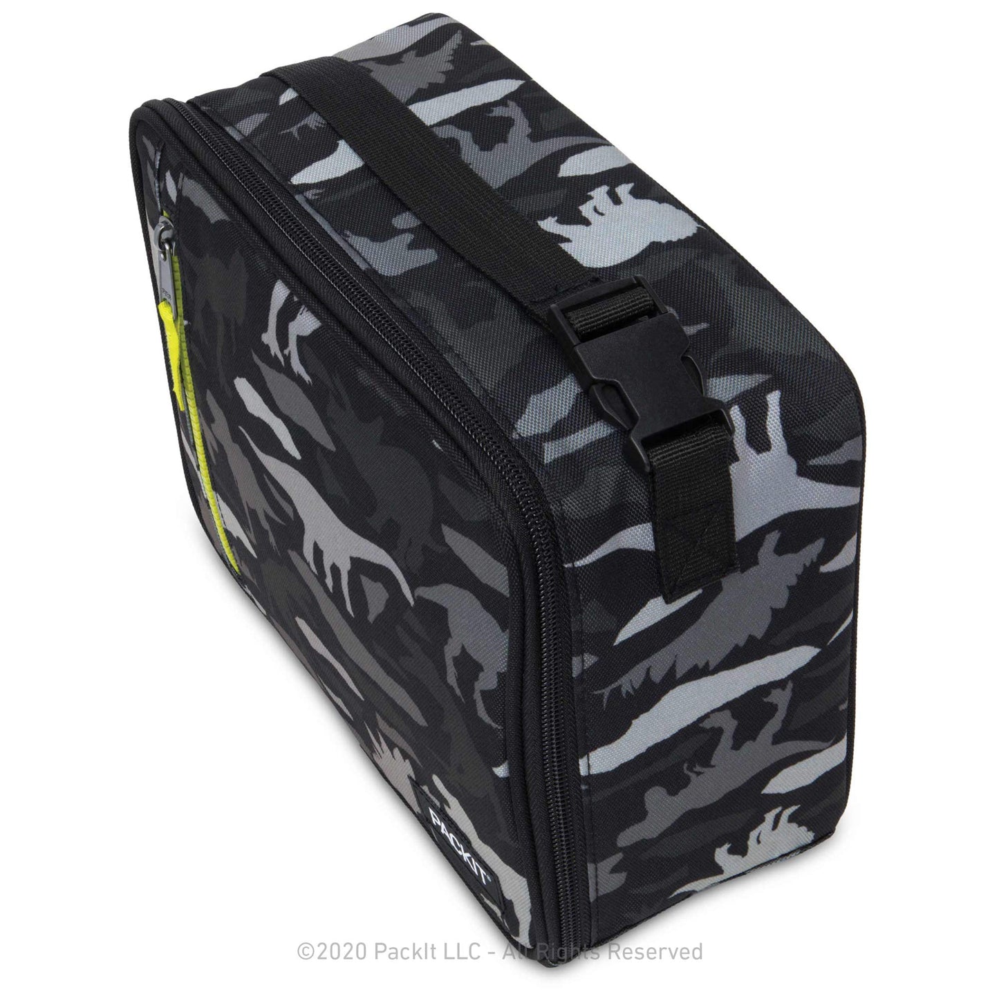 PackIt Freezable Classic Lunch Box, Dino Camo Charcoal, Built with EcoFreeze Technology, Collapsible, Reusable, Zip Closure With Zip Front Pocket and Buckle Handle, Designed for Lunches