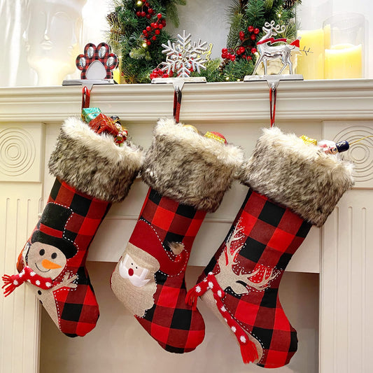 GUDELAK Buffalo Plaid Christmas Stockings, 3 Pack 18 Inches Red and Black Plaid Christmas Decor, Rustic Christmas Stockings with Plush Faux Fur Cuff for Kids Family Farmhouse Christmas Tree Decoration