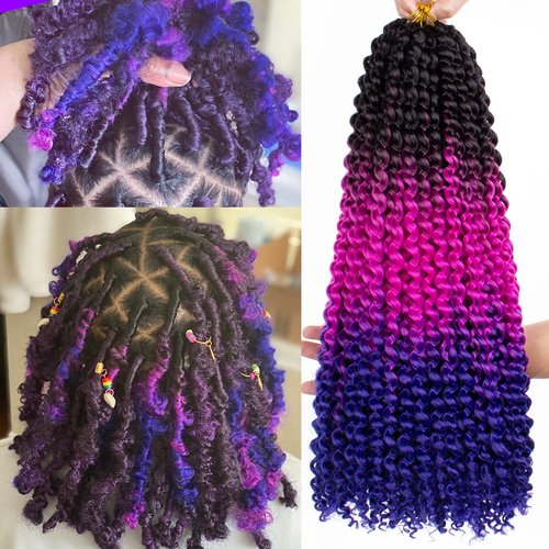 Leeven 7 Packs Water Wave Crochet Passion Twist Hair For Butterfly Locs 18 Inch 3 Tones Ombre Purple to Blue Curly Passion Twists Crochet Hair 49# Synthetic Bomb Twist Braiding Hair Extensions