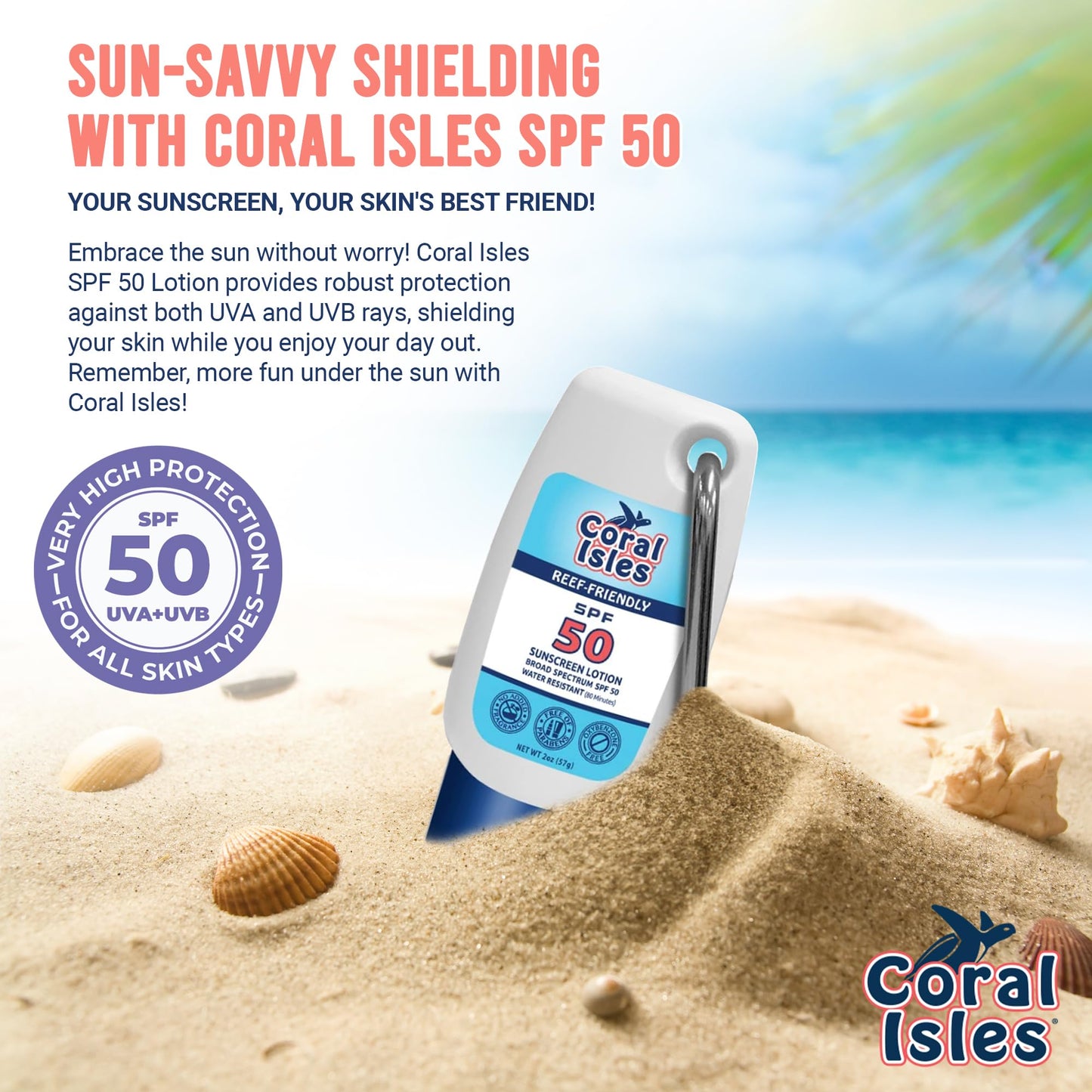 Coral Isles Sunscreen SPF 50 | Hawaii Compliant as Reef Safe | Octinoxate & Oxybenzone Free | Broad Spectrum UVA/UVB Protection | Water Resistant 80 Min. | Fragrance Free | 2 Fl Oz (Pack of 2))