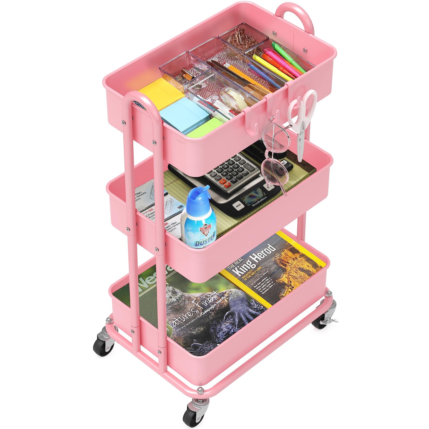 Simple Houseware Heavy Duty 3-Tier Metal Utility Rolling Cart, Pink