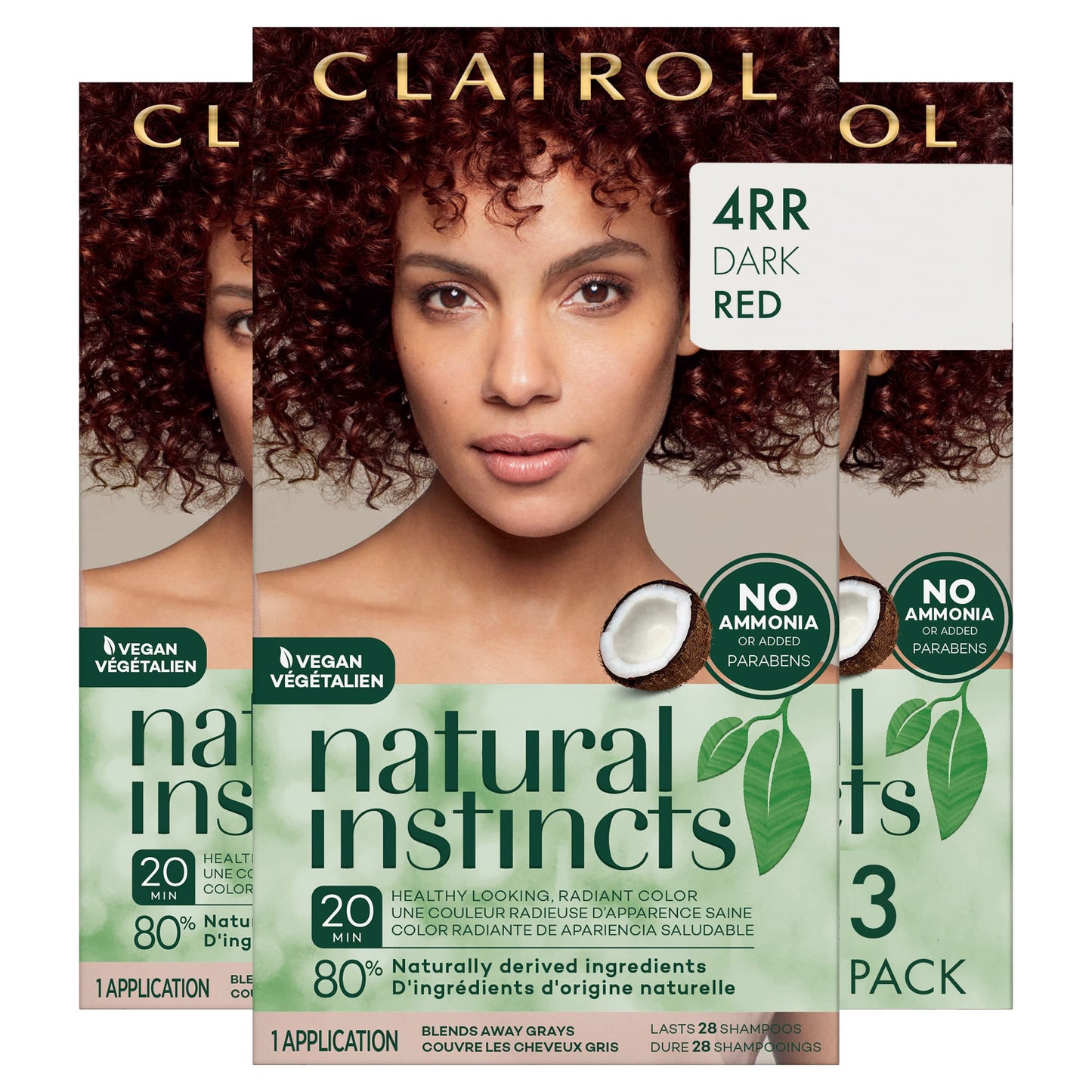 Clairol Natural Instincts Demi-Permanent Hair Dye, 4RR/20R Malaysian Cheery Dark Red Hair Color, Count of 3