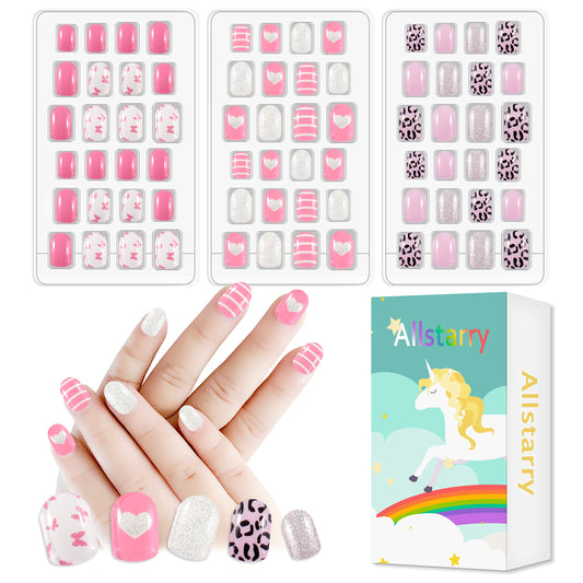 Allstarry 72pcs 3 pack Children Nails Press on Pre-glue Full Cover Glitter Heart Solid Color Short False Nail Kits Lovely Gift for Children Little Girls Nail Art Decoration - Pink Series