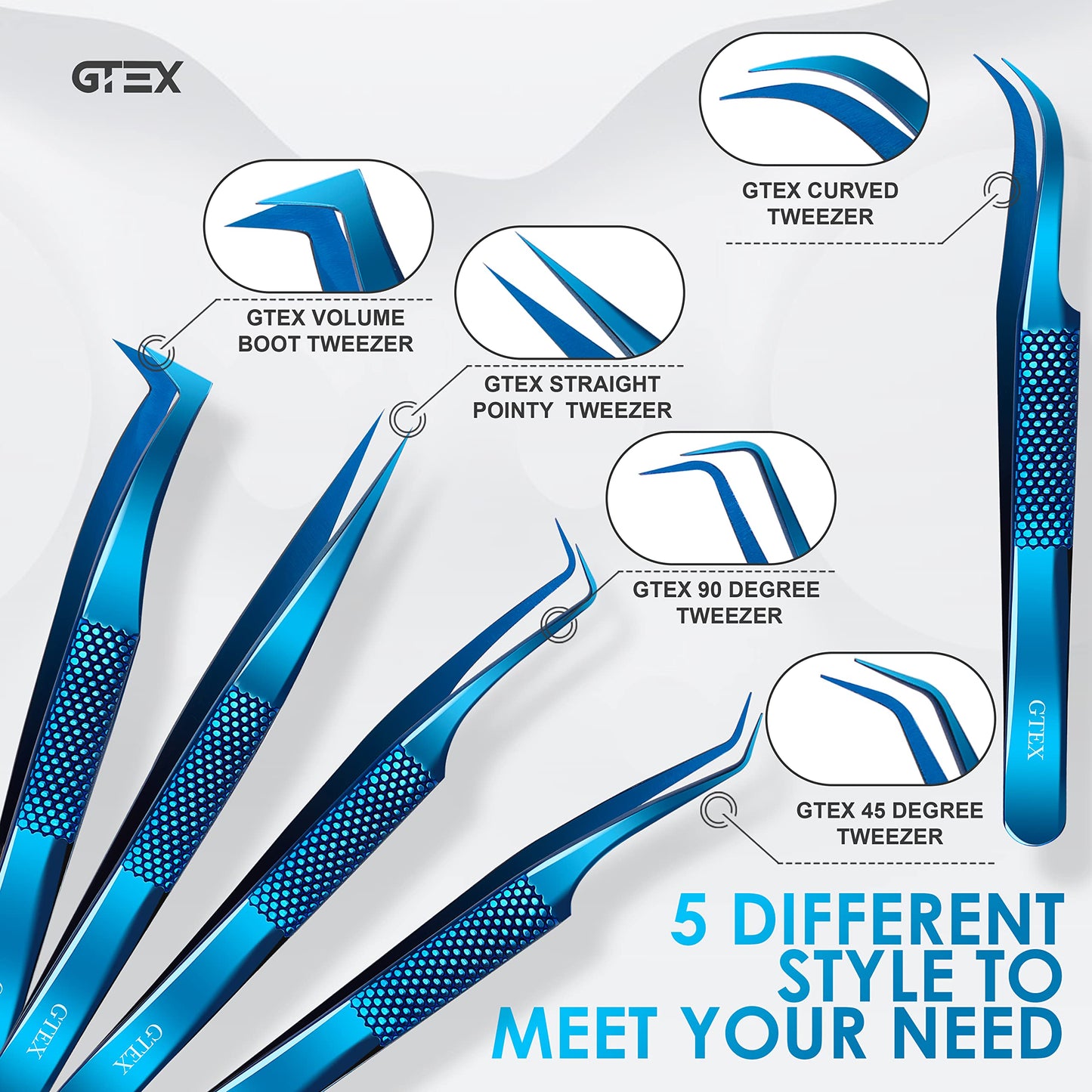 GTEX Lash Tweezers For Eyelash Extensions Tweezers, Circle Grip - Japanese Steel - Professional Eyelash Tweezers For Extensions, 5 Pack - BLUE