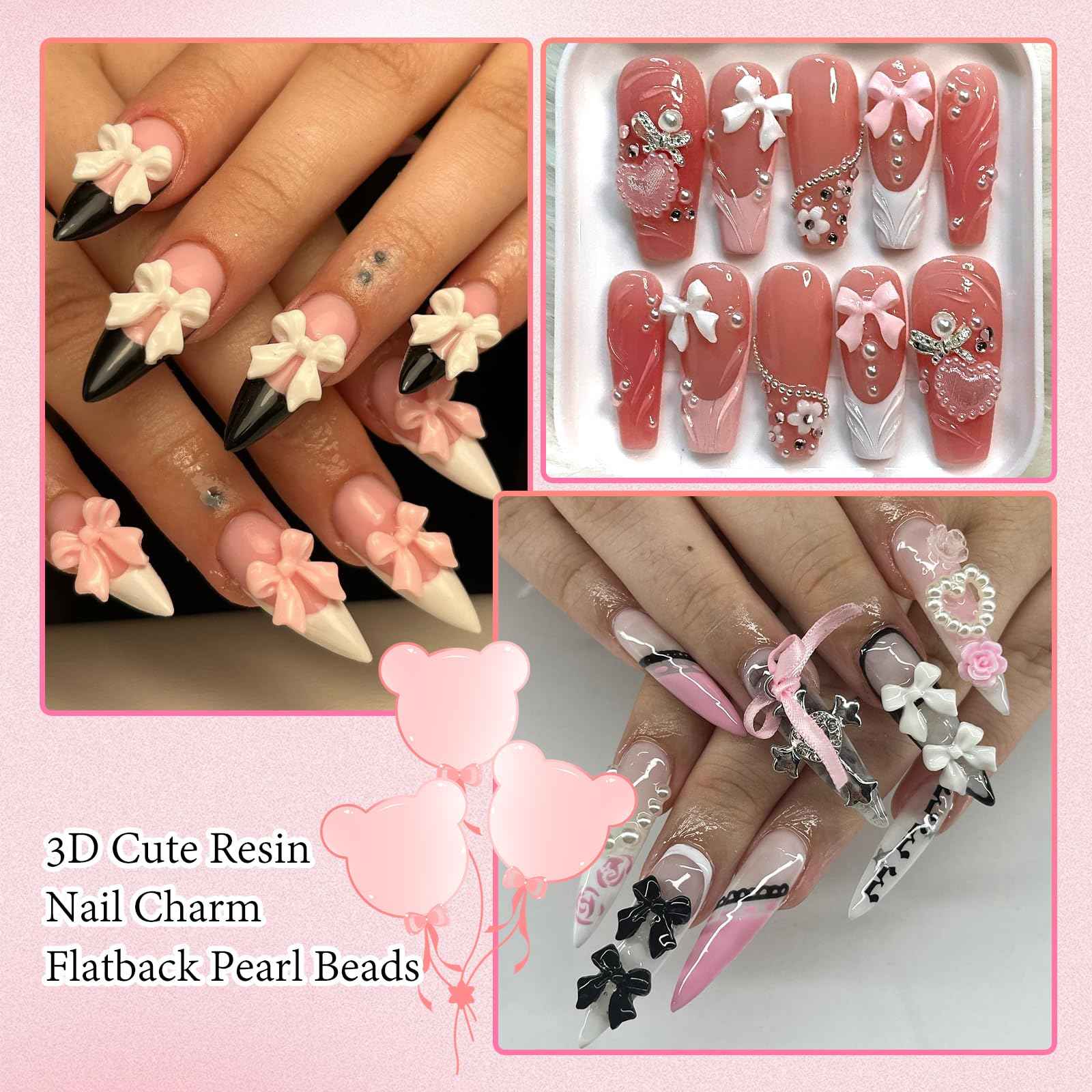 300Pcs Bow Nail Charms and Flatback Pearls,Rose Red Bowknot 3D Cute Nail Charms for Acrylic Nail Supplies Design,3-5mm White Half Pearls for Nail Jewelry DIY Crafts Nail Art Decoration Accessories