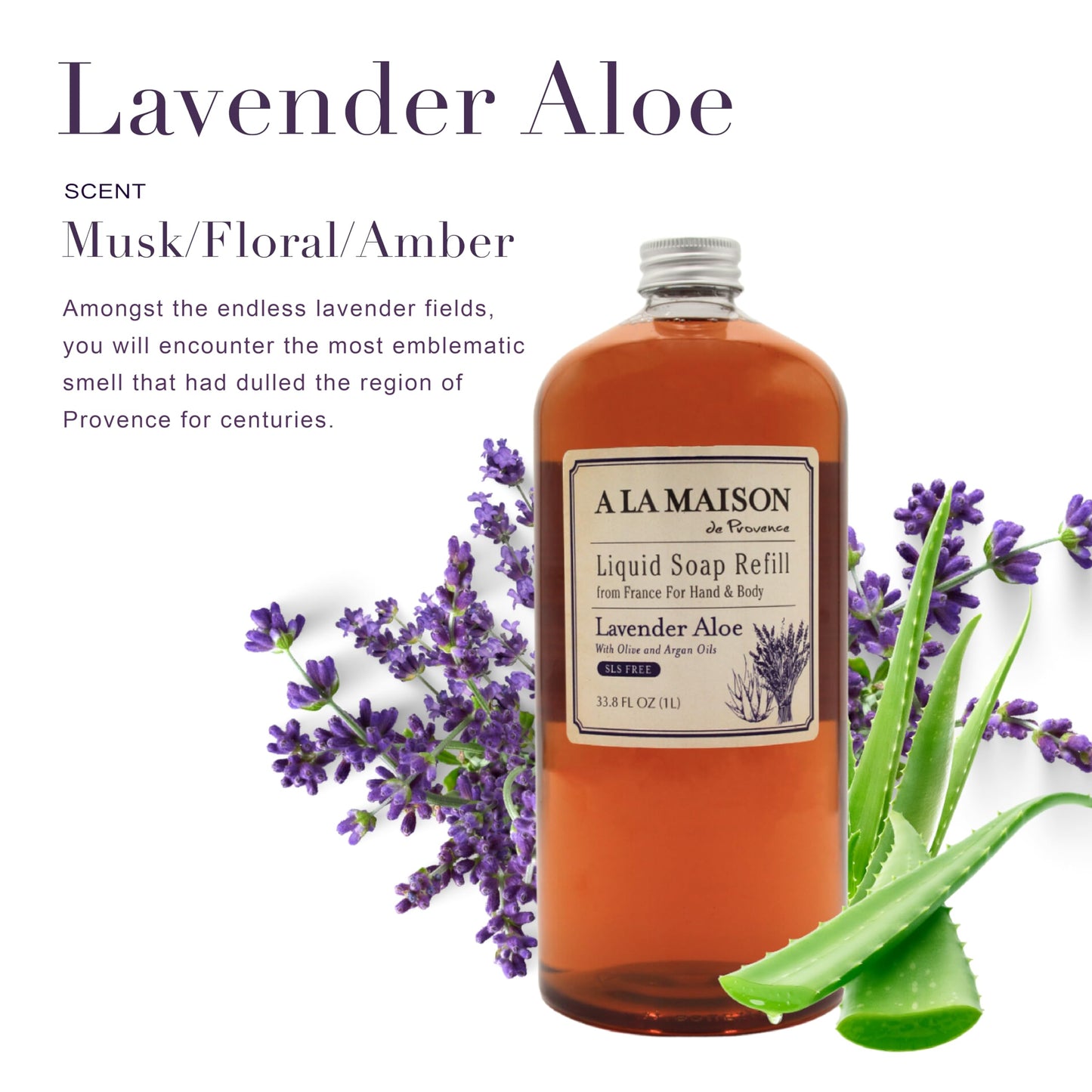 A LA MAISON French Liquid Hand Soap Refill, Lavender Aloe - Natural Hand Wash Made with Essential Oils - Biodegradable, Plant-Based, Vegan, Cruelty-Free, Alcohol & Paraben Free (33.8 oz, 1 Pack)