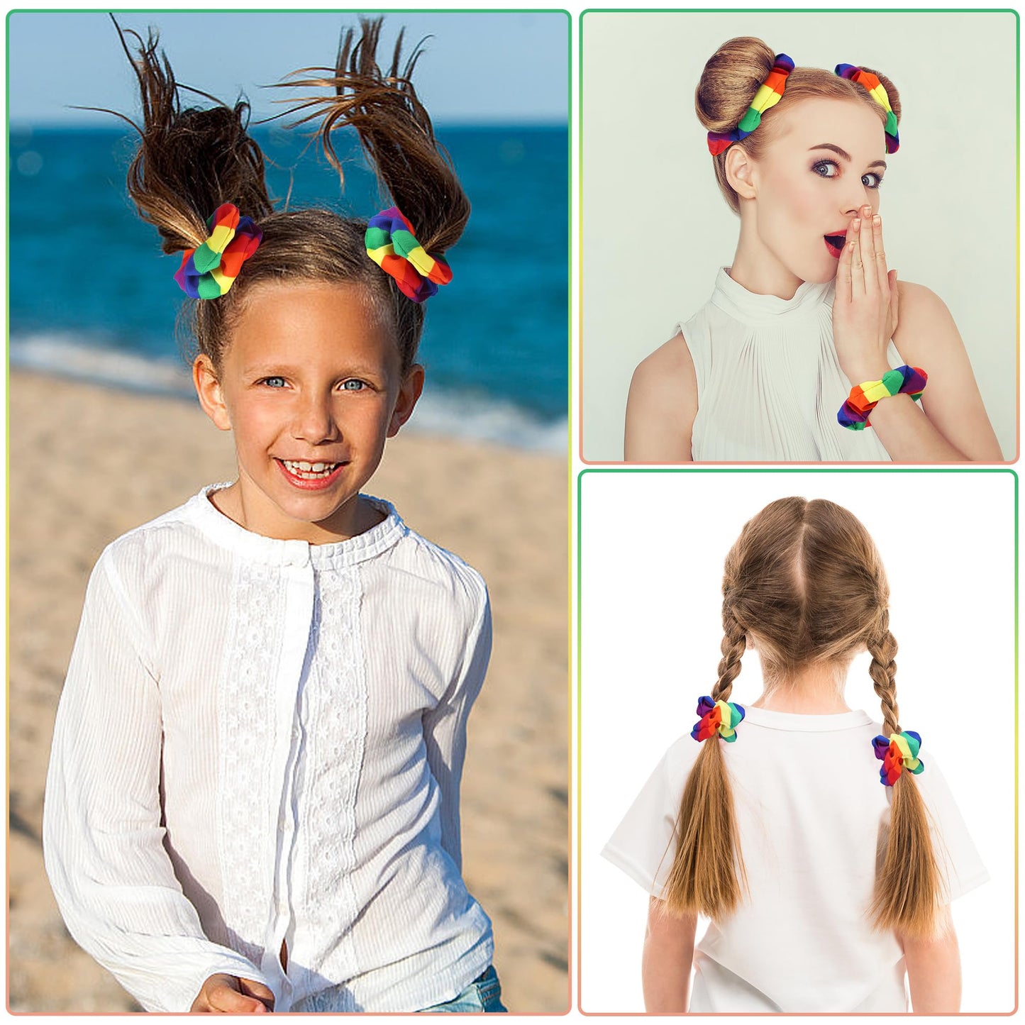 8 Pcs Pride Rainbow Hair Scrunchies- LGBT Rainbow Hair Ring Hair Ties- Elastic Striped Rainbow Ponytail Holder for Women Girls Hair Accessories