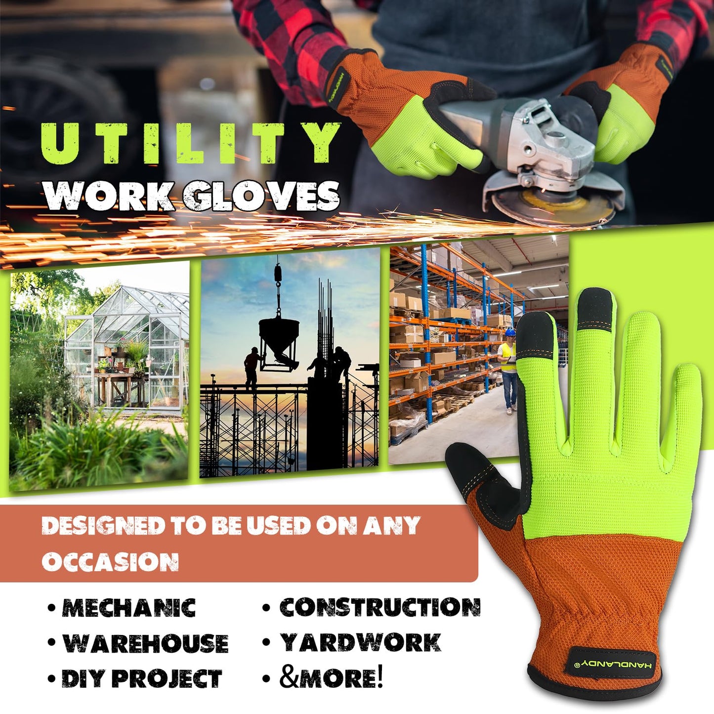 HANDLANDY Mens Work Gloves, Flexible Utility Working Gloves, Touch Screen Outdoor Yard Gloves (Yellow-orange, Small (Pack of 1))