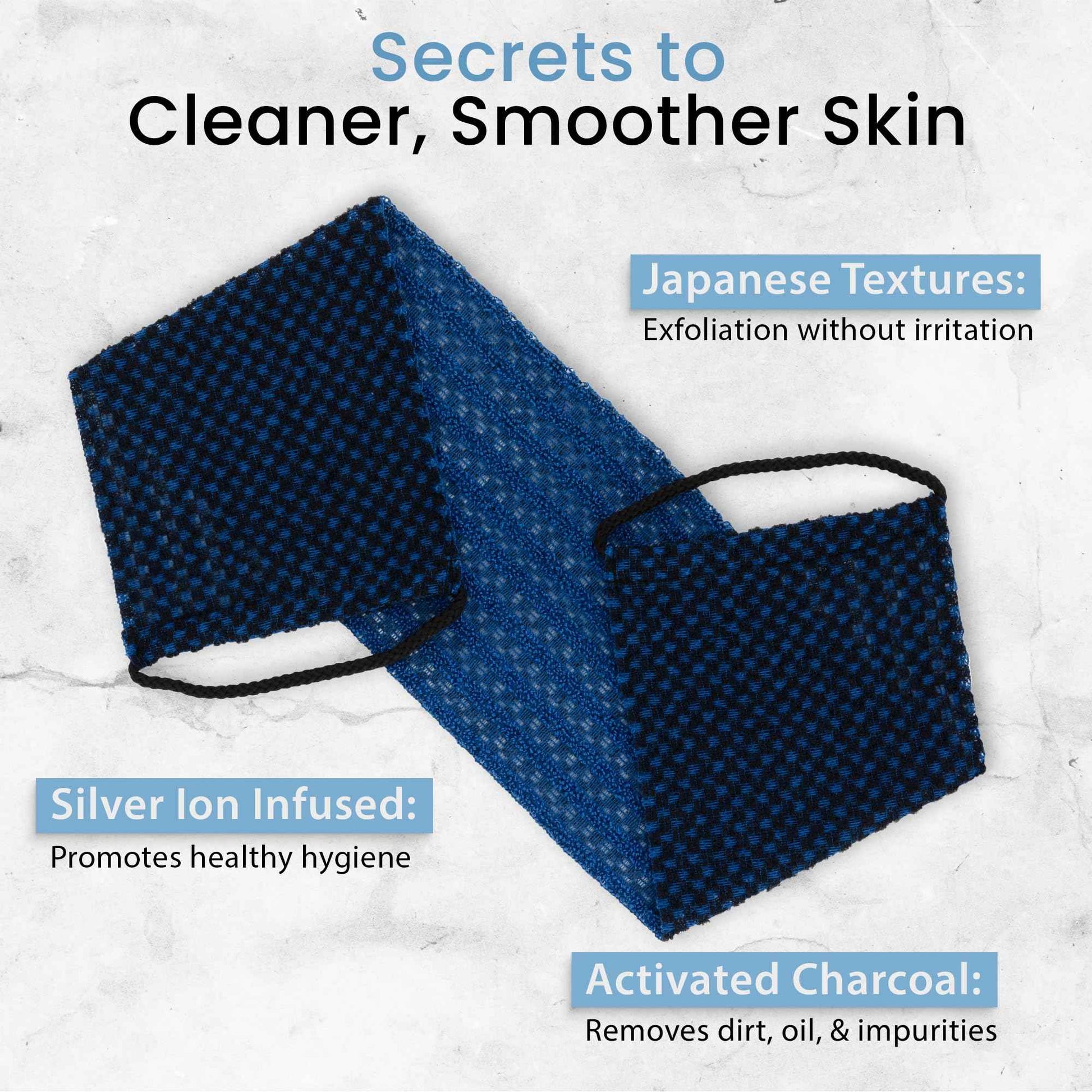 Japanese Exfoliating Washcloth for Back & Body 2-Pack - Charcoal & Silver Ion Exfoliating Towel with Handles - Two-Sided Gentle Exfoliation & Deep Cleanse Body Wash Cloths for Shower - 1 Blue, 1 Green