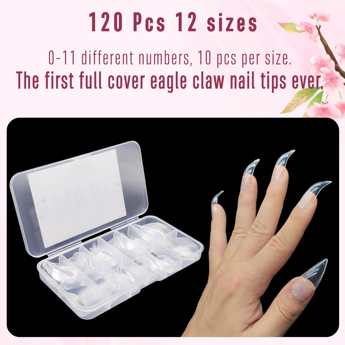 NOVO OVO Nail Tips Curved Stiletto, Clear Gel x Extension kit Full Cover to Make Press on 3D Eagle Claw nails, Thick Extra Hawk Deep Curve Almond French Tips Soft False Fake Acrylic Nail 12 Size 120pc